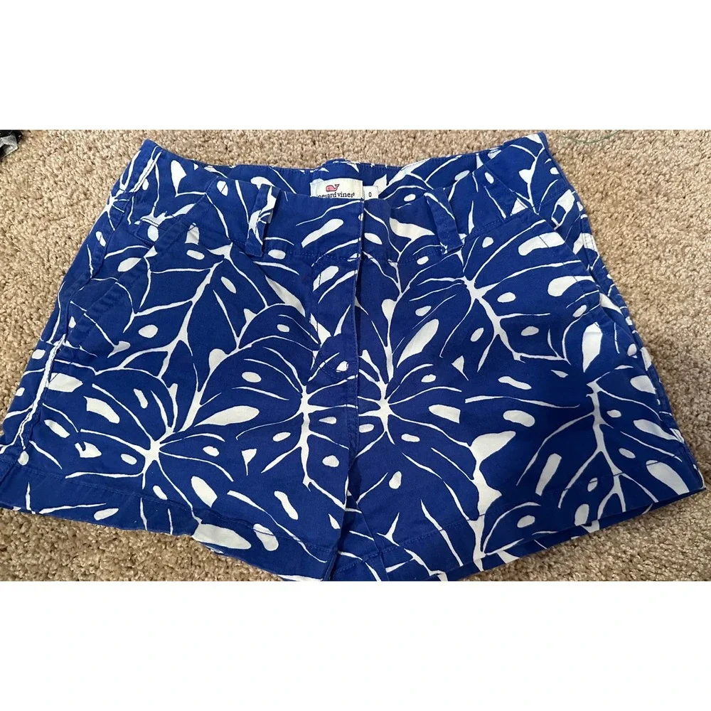 Vineyard Vines Womens Blue White Monstera‎ Leaf Daybreak Shorts Size 0 Tropical